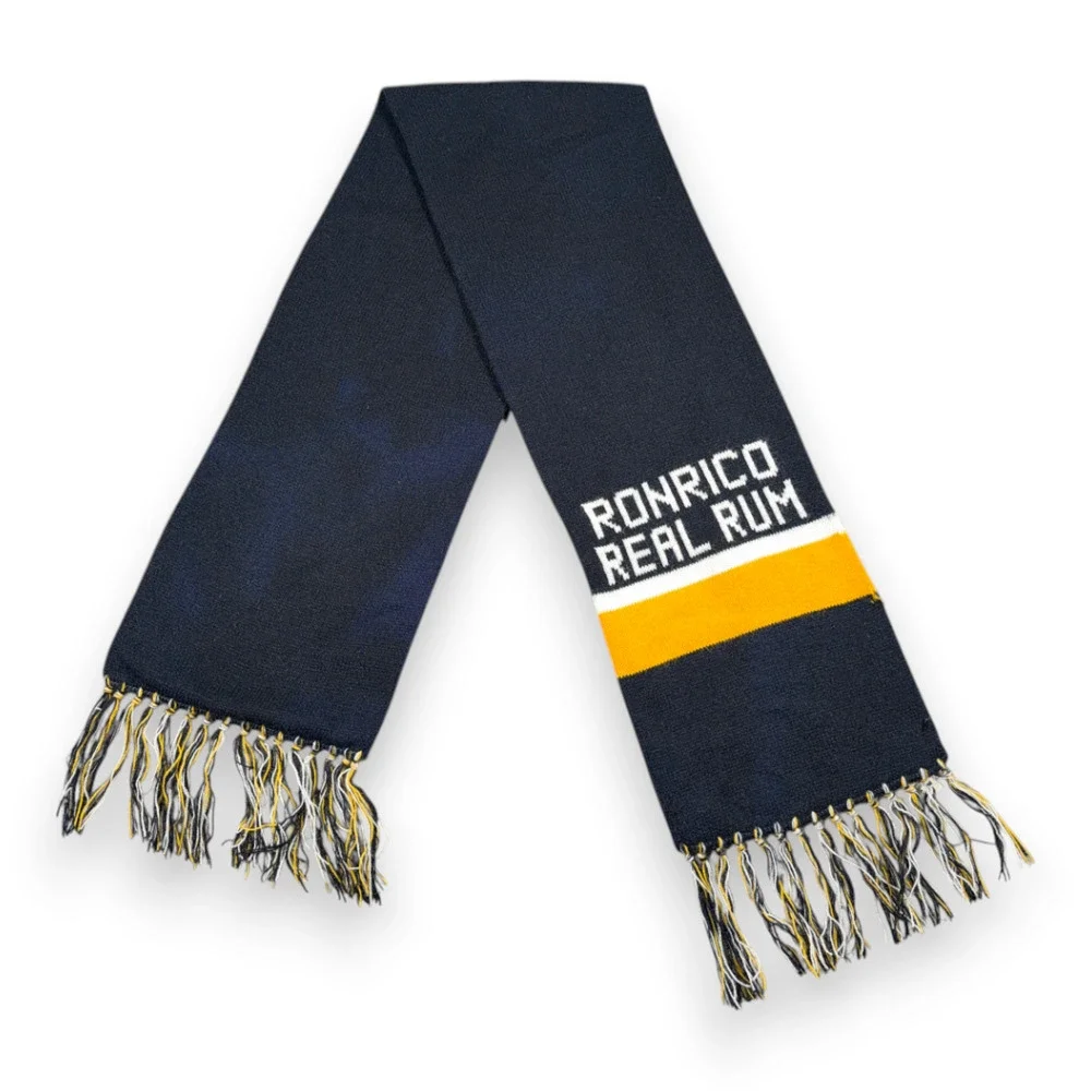 Vintage Ronrico Rum Scarf Black Blue Yellow Orlon Acrylic Knit Swag USA 60s